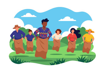 Diverse group of people participating in a sack race outdoors, enjoying a fun activity together.