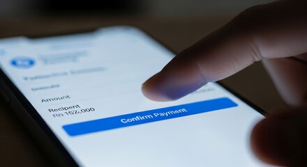 Finger pressing "Confirm Payment" button on smartphone screen for online transaction