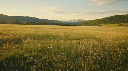 serene sunset meadow with peaceful mindset for nature relaxation escape tranquility healing calm outdoor scenic landscape photography concept.
