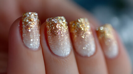 Close up of nails with gold glitter gradient and white tips design