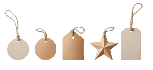 Set of different kraft paper tags with twine, isolated on white background, perfect for gift packaging