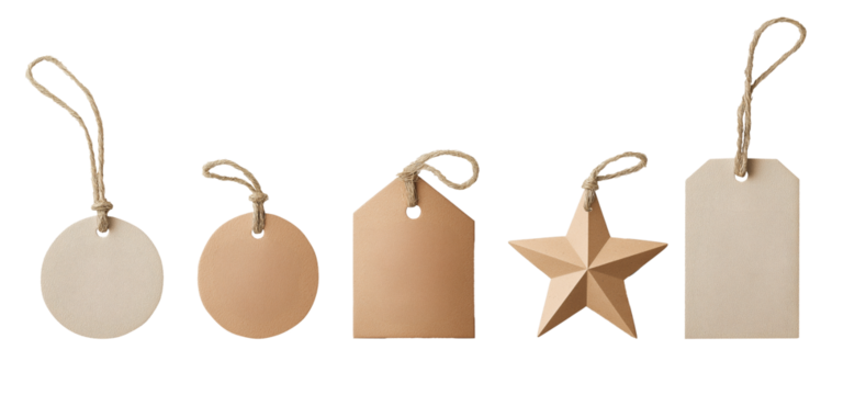 Set of different kraft paper tags with twine, isolated on white background, perfect for gift packaging