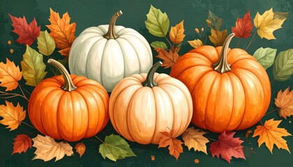 Rustic autumn orange and white pumpkins with fall leaves on a dark green background autumnal illustration wallpaper 
