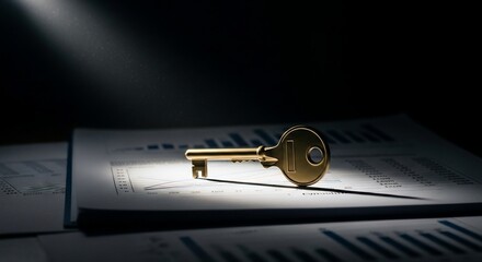 Golden Key Rests on Financial Documents Under Dramatic Spotlight