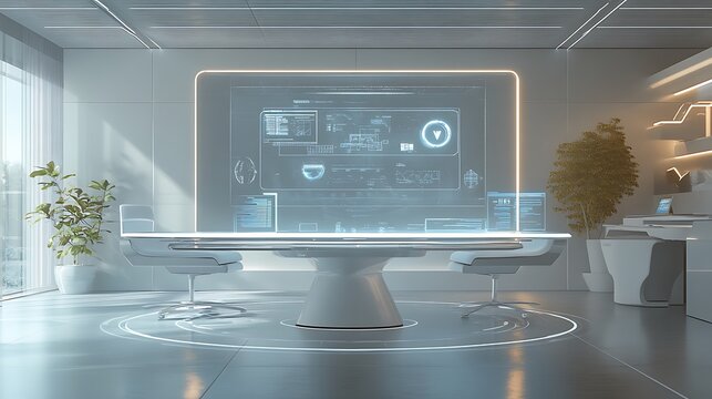 futuristic office meeting room with holographic display for innovative discussion high-tech workspace digital interaction modern business concept.