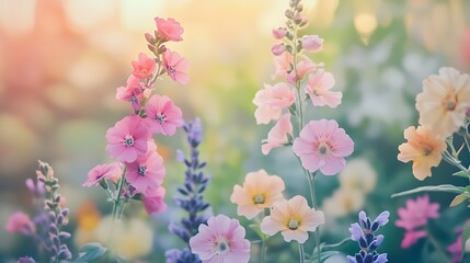 pastel flower garden at sunset with soft warm light for serene floral scene peaceful nature calm atmosphere gentle colors harmony concept.