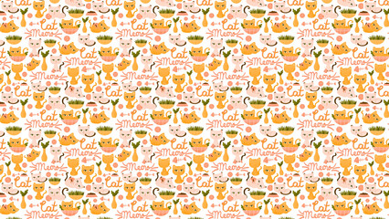 A cute pattern with cats, cat food, fish bones, and the word meow scattered on a white background