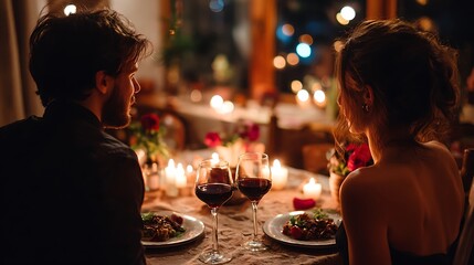 Romantic dinner couple sitting together fine dining table holiday celebration elegant relationship moment lifestyle image