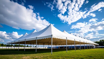 Large white tent structures under a bright sky