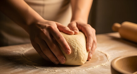 Close-up of hands kneading dough on a wooden surface in a cozy kitchen setting for baking bread or pastries with a warm inviting atmosphere