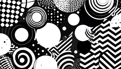 Abstract black and white pattern of overlapping circles, dots, and stripes