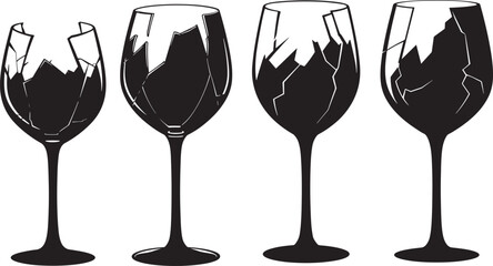 Four wine glasses in a row with one broken silhouette