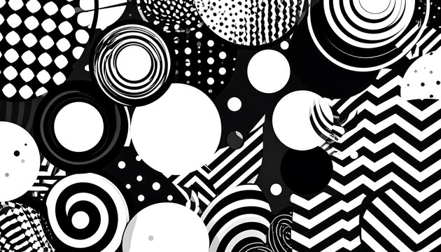 Abstract black and white pattern of overlapping circles, dots, and stripes