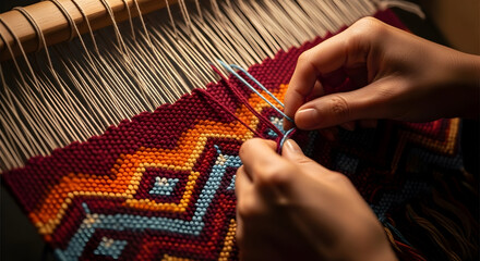 Close-up of hands weaving colorful intricate textile on traditional loom showcasing craftsmanship and artistry in vibrant patterns and rich textures for cultural heritage