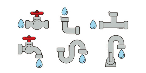Household water connection installation icons, such as tap connections and pipe connections