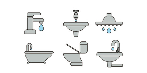 bathroom equipment icons such as sink, bathtub, shower and toilet