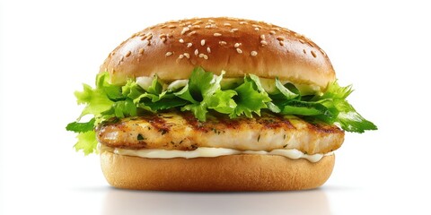 The appetizing grilled chicken burger with fresh lettuce and sesame bun.