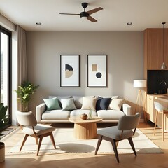 3d japandi studio interior, minimal neutral tones, geometric wall art, space-saving furniture, modern cozy living room, soft natural lighting
