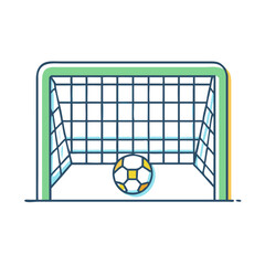 Cartoon soccer ball inside a goal with a blue net, illustration