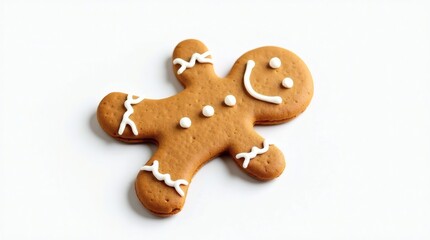A charming gingerbread cookie clearly exhibits its characteristic warm brown color and delicate icing details, splendidly isolated on a pure white surface.