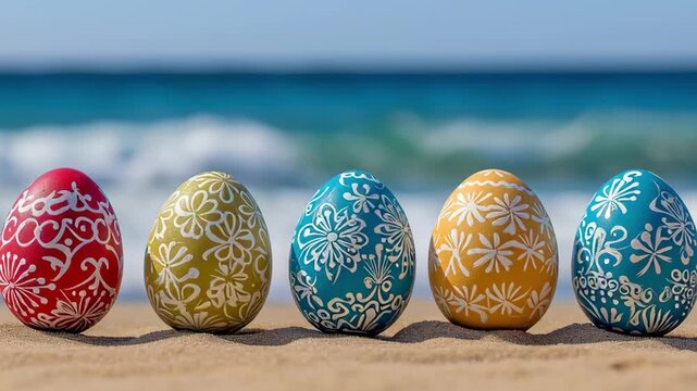 Row of 5 colourful painted Easter eggs sitting on a sandy beach with blue sky on a bright warm spring day with breaking ocean waves, representing Easter and Spring vacation holidays and travel