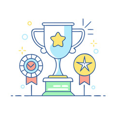 Colorful Trophy and Award Illustration Featuring Stars, Ribbons and Checkmarks