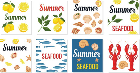 Isolated a Сollection of cute summer Mediterranean posters, cards templates with lemons, seashells, sardines pattern, lobster and seafood typography design. vector art with white background,