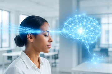 Woman Visualizing Neural Data Flow | Digital Brain Interface and Cognitive AI Integration Concept

