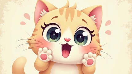 An adorable vector illustration of a chibi cat's face is depicted, displaying a comical expression with puffed-out cheeks, conveying charming feline amusement.