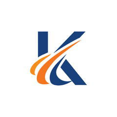 The image shows an initial logo design of a letter K in simple flat style with three swoosh lines as the focal point. It looks and clean and modern in blue and orange color on a white background.