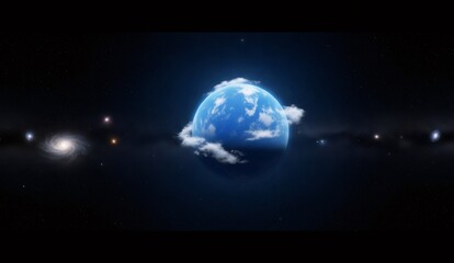 Earth partially covered by clouds rotating in space with spiral galaxies and stars in the background