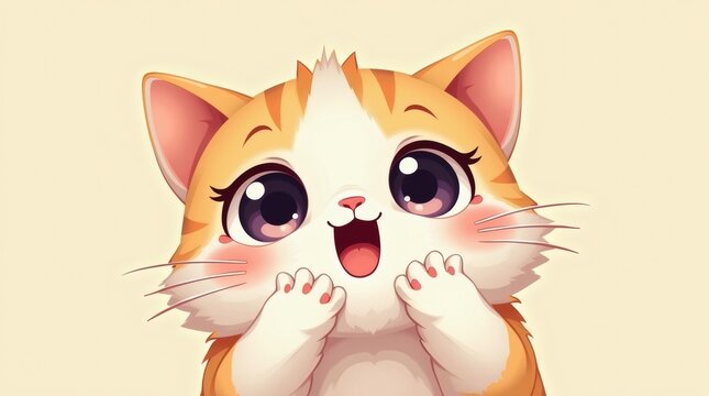 The cute face of a vector style chibi cat is prominently featured, contorted in a comical expression with puffed-out cheeks, symbolizing delightful feline wonder.