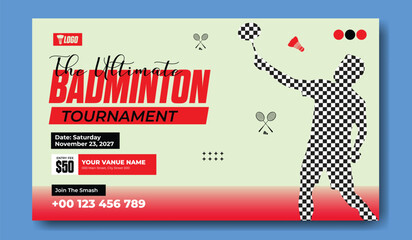 Modern Badminton Tournament Flyer Design with Checkerboard Player and Red Accents
