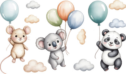 Watercolor animal clipart set with balloons and clouds. Cute mouse, koala and panda.  © Songrami