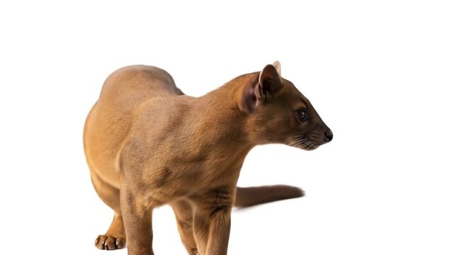 A fossa with sleek reddish-brown fur and long tail, walking isolated on a white background