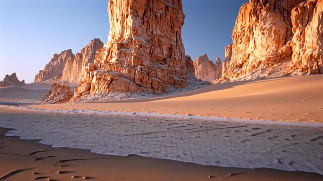 Ethereal Sahara landscape near Djanet revealing delicate water evaporation patterns and hidden footprints across golden desert sands during serene morning light
