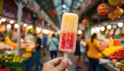 Hand holding a local fruit-flavored popsicle in a Latin American market, blurred background of colorful stalls and people
