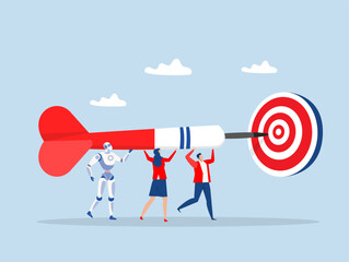 Teamwork project goal or target,business people with dart running to target or purpose.mission or direction, ambition to success vector