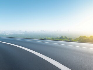 Fototapeta premium Empty asphalt road with white lines stretching into the distance, overlooking a modern city skyline and lush greenery under a bright sky, perfect for business, design
