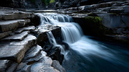 Fototapeta premium Serene Waterfall Flowing Over Rocks Surrounded by Lush Greenery in a Tranquil Natural Landscape
