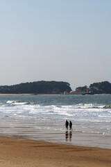 idyllic seascape with waves and tourists walking on the beach