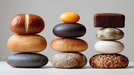 Assorted Stacks of Colorful Bagels and Baked Goods on Light Gray Background