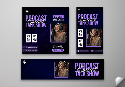 Special Podcast Talk Show Social Media Post Template, Web Banner Editable Design for Influencer Marketing and Guest Speaker Promotion.