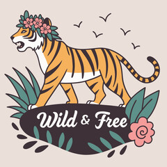 Stylized tiger wearing a flower crown in a jungle setting