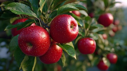 Cluster of Fresh Red Apples on Branch Surrounded by Green Leaves in a Sunlit Orchard