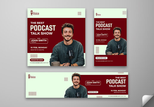 Friday Podcast Social Media Editable Post Template, Web Banner with Host Photo, Episode Time and Register Now Button.