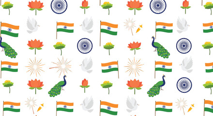 Fototapeta premium A repeating pattern featuring elements of Indian national symbols: flags, lotuses, peacocks, Ashoka Chakra wheels, doves, and celebratory fireworks against a white background.