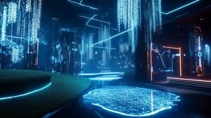 Futuristic command center with blue neon glows. AI image