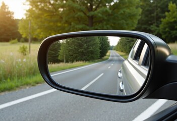 Car Side Mirror Reflecting Peaceful Curving Rural Road with White Dashed Lines, Lush Greenery and Warm Natural Sunlight, Cinematic Horizontal Travel Scene with Shallow Depth of Field