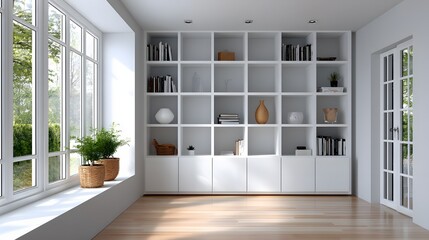 Fototapeta premium Bright Minimalist Interior Design Featuring White Shelves and Large Windows in Contemporary Space